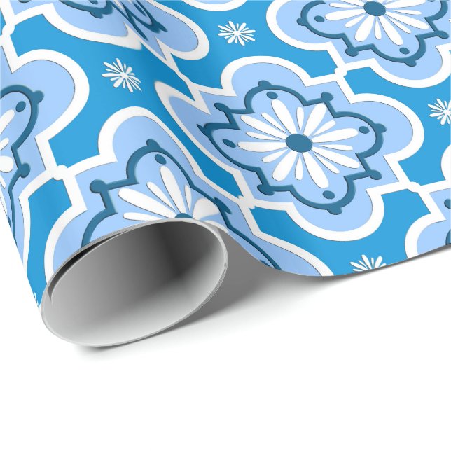 Papel De Presente Padrão de azulejo marroquino - Azul e Branco (Ponta do rolo)