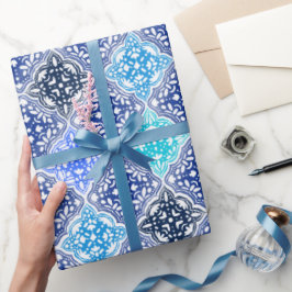 Papel De Presente Padrão de Azulejo marroquino pintado com azul