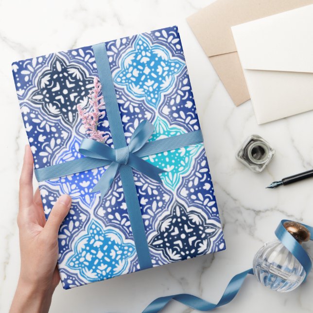 Papel De Presente Padrão de Azulejo marroquino pintado com azul (Presentear)