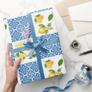Papel De Presente Padrão de Azulejo País Francês Mediterrâneo Limão