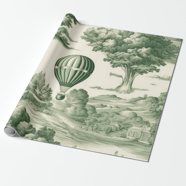 Papel De Presente Padrão de Balão de Vila Toile Verde Parisiense (Desenrolado)
