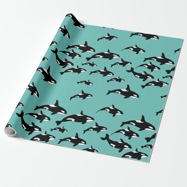 Papel De Presente Padrão de Baleia Assassina Orca em Azul (Desenrolado)