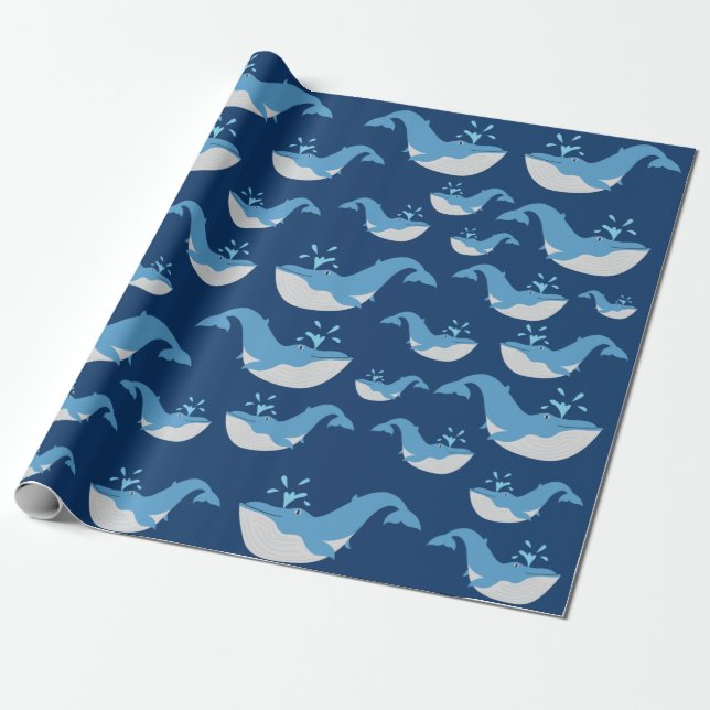 Papel De Presente Padrão de Baleia do Oceano Azul Profundo (Desenrolado)