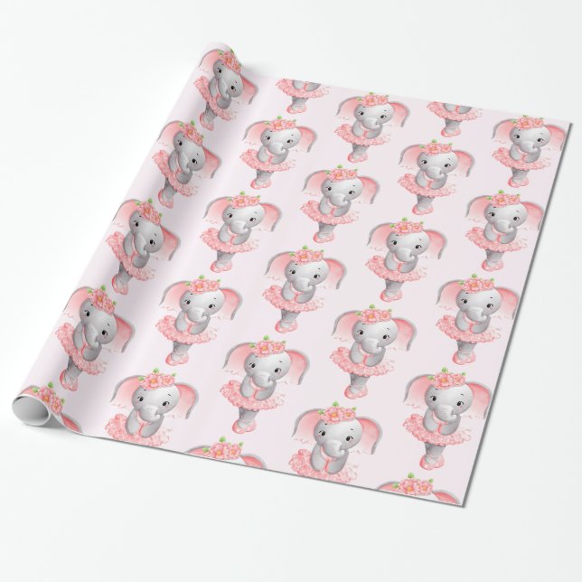 Papel De Presente Padrão de Ballerina, Elefante, Rosa-Bonito e Cinza (Desenrolado)