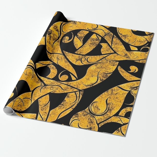 Papel De Presente Padrão de Batik Amarelo e Preto (Desenrolado)