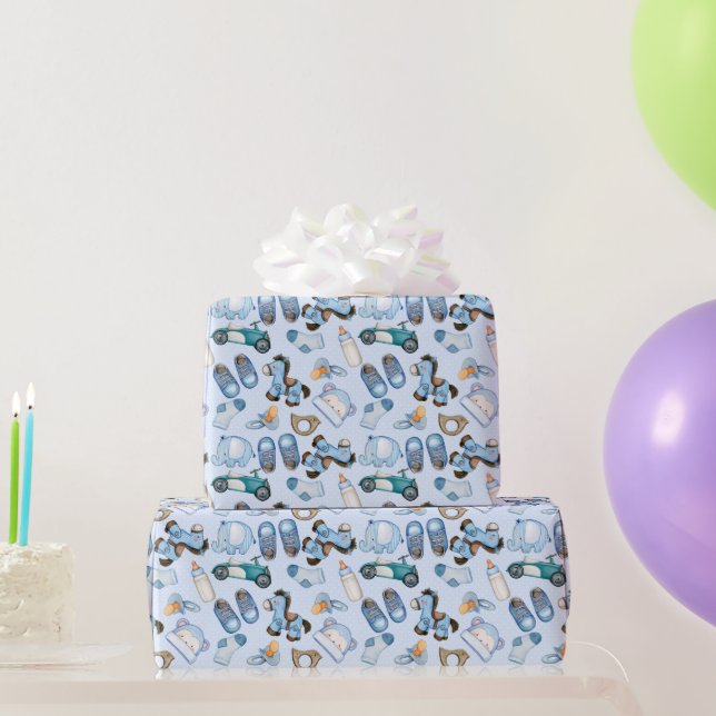 Papel De Presente Padrão de Bebê de Aquarela com Roupas de Brinquedo (Presentes para festas)