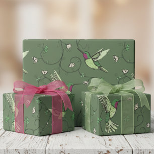 Papel De Presente Padrão de Beija-flor de Trevo de Videira Verde Oli