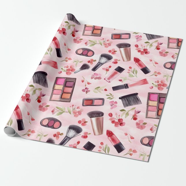 Papel De Presente Padrão de Beleza de Maquiagem Aquarela com Flores  (Desenrolado)