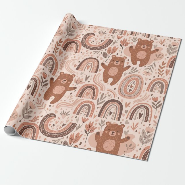 Papel De Presente Padrão de Berçário Arco-íris de Urso Teddy Boho (Desenrolado)