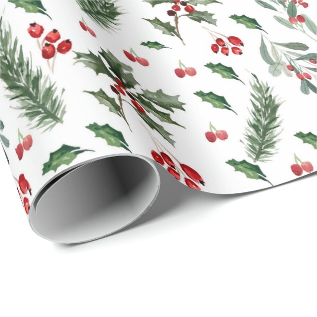 Papel De Presente Padrão de Berries de Natal e Folhas Verdes (Ponta do rolo)