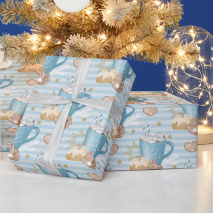 Papel De Presente Padrão de Biscoito de Gengibre e Cacau Azul