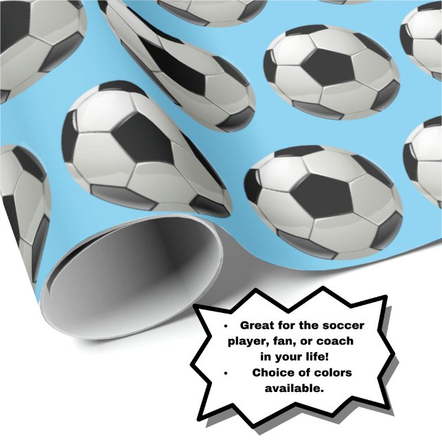 Papel De Presente Padrão de Bola de Futebol Divertido no Azul Pó (Personalize your gift with this fun soccer ball pattern on baby blue wrapping paper!)