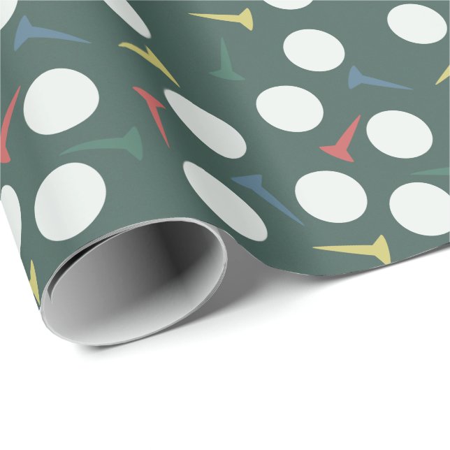 Papel De Presente Padrão de Bola de Golfe e Tee Verde Escuro (Ponta do rolo)