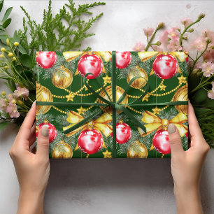 Papel De Presente Padrão de Bola de Natal Vermelho Dourado de Luxo E