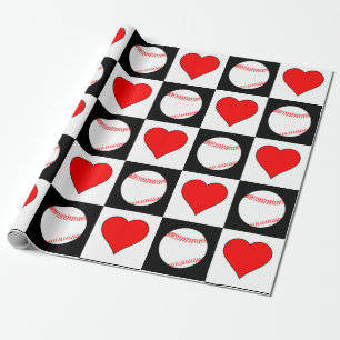 Papel De Presente Padrão de Bolas de Beisebol & Corações Jogador de 