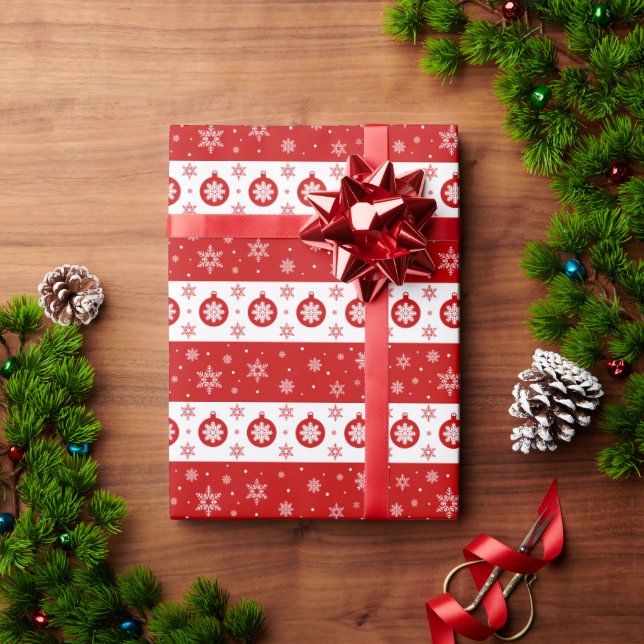 Papel De Presente Padrão de Bolhas de Natal Vermelhas e Flocos de Ne (Presente de Natal)
