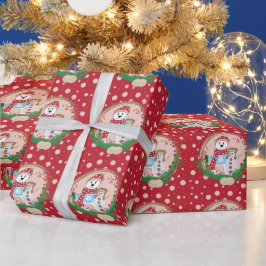 Papel De Presente Padrão de Bolinhas de Urso Polar e Homem de Neve