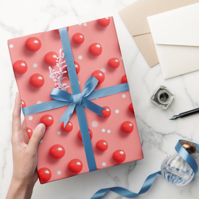 Papel De Presente Padrão de Bolinhas Vermelho e Branco 3D (Presentear)