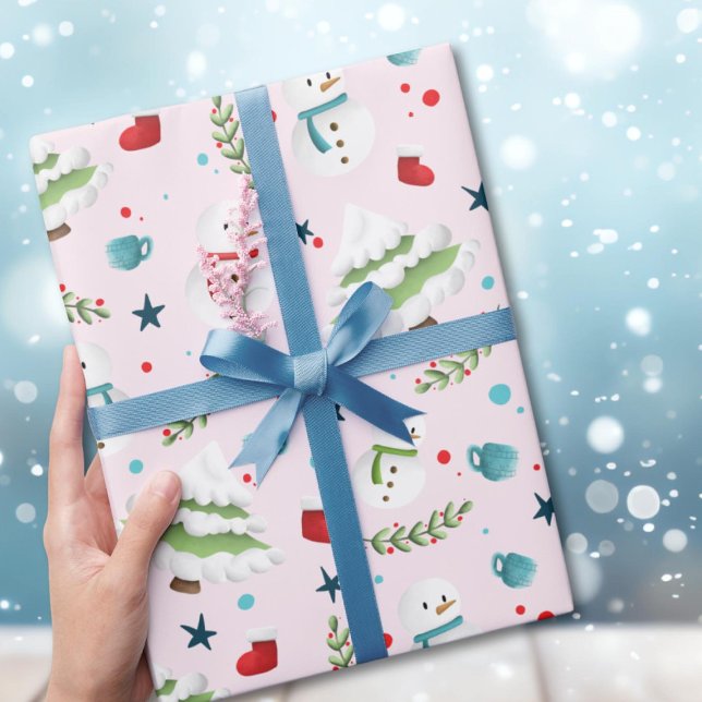 Papel De Presente Padrão de boneco de neve de Natal rosa fofo (Criador carregado)