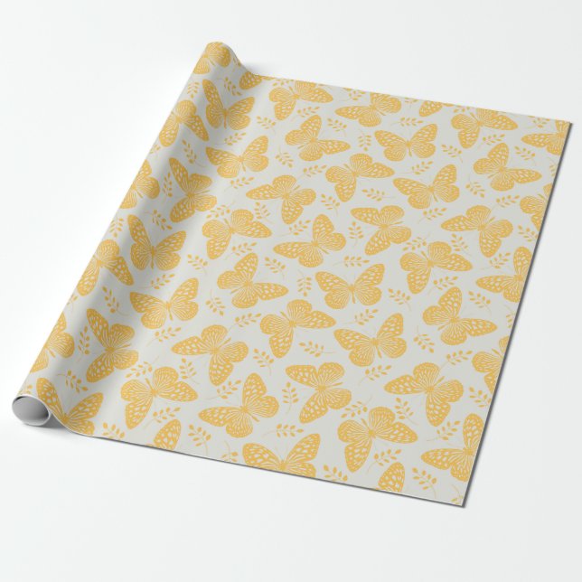 Papel De Presente Padrão de borboleta amarela nas cinzas (Desenrolado)