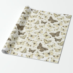 Papel De Presente Padrão de Borboleta Bege Vintage com Roteiro
