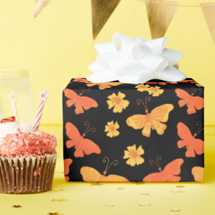 Papel De Presente Padrão de borboleta desenhada à mão Laranja e Dour