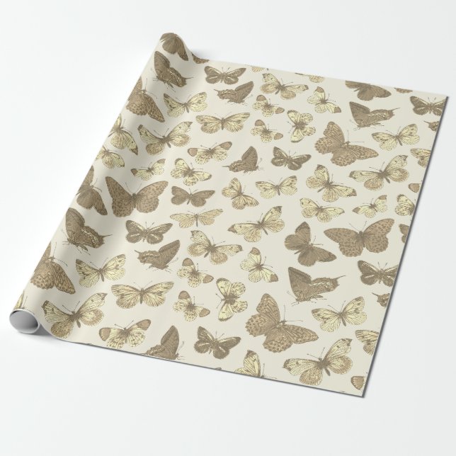 Papel De Presente Padrão de Borboleta Dourado Bege Fofo Feminino (Desenrolado)