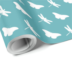 Papel De Presente Padrão de Borboleta e Libélula Azul-Verde e Branco