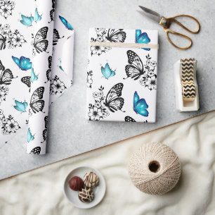 Papel De Presente Padrão de Borboleta Floral Bonita Branco