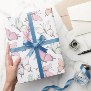 Papel De Presente Padrão de borboleta rosa-branca