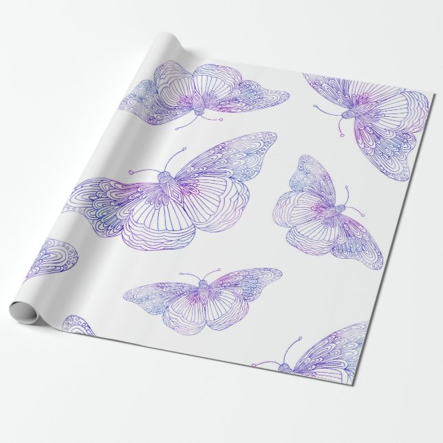 Papel De Presente Padrão de Borboleta Violet Watercolor (Desenrolado)