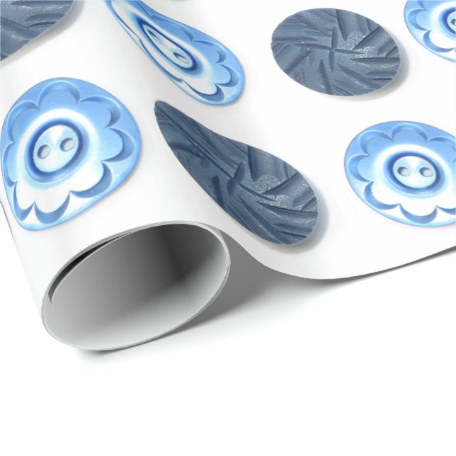 Papel De Presente Padrão de botões azuis do rico em branco (Ponta do rolo)