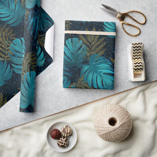 Papel De Presente Padrão de Brilho Azul Verde Tropical (Artesanato)