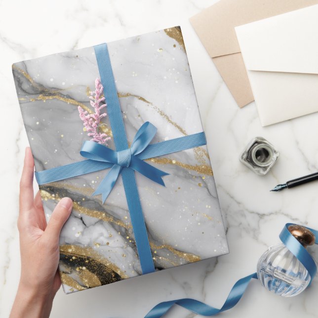 Papel De Presente Padrão de Brilho Branco com Veio de Ouro em Mármor (Presentear)