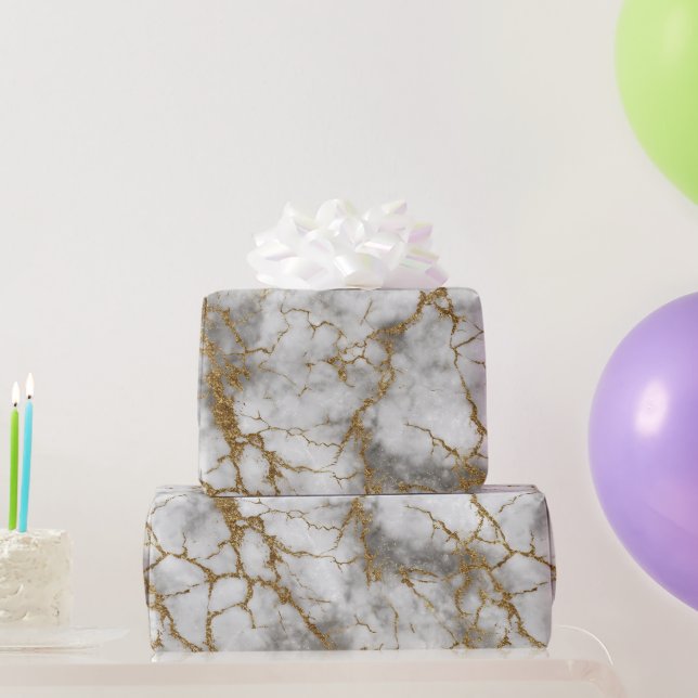 Papel De Presente Padrão de Brilho Branco com Veio de Ouro em Mármor (Presentes para festas)