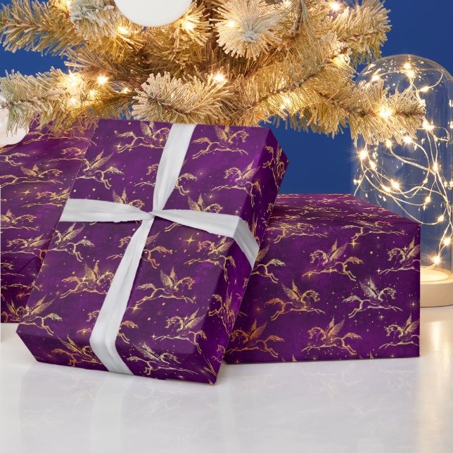 Papel De Presente Padrão de Brilho do Pegasus Dourado em Roxo Regal (Feriados)