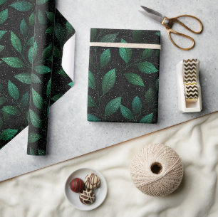 Papel De Presente Padrão de Brilho Preto Denso Verde Floresta Profun