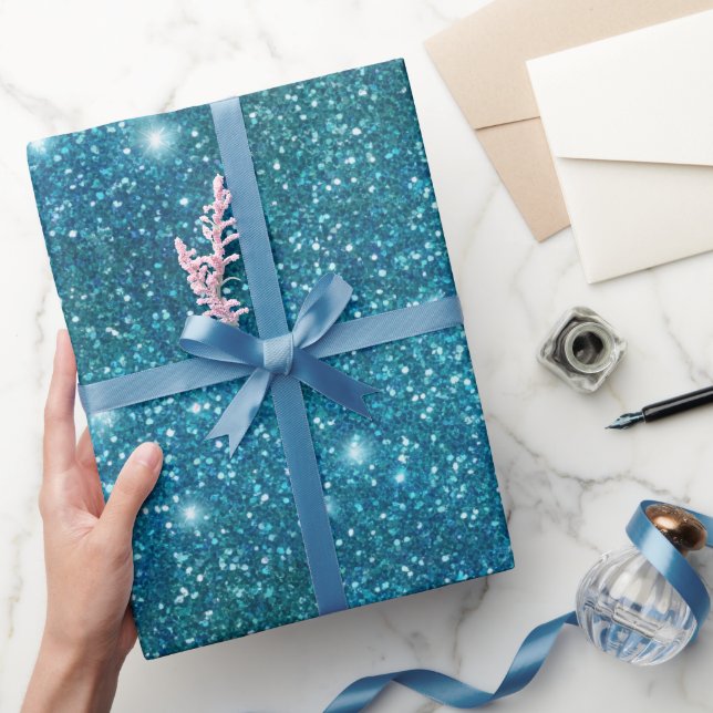 Papel De Presente Padrão de Brilho Turquesa Oceano Azul Glitter (Presentear)