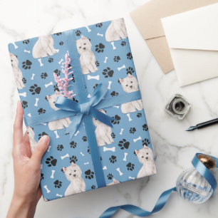 Papel De Presente Padrão de Cachorro Branco no Azul