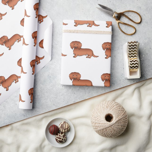 Papel De Presente Padrão de Cachorro Cartoon Fofo de Pelo Longo Verm (Artesanato)