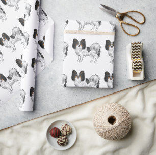 Papel De Presente Padrão de Cachorro Feliz e Fofo de Papillon Tricol