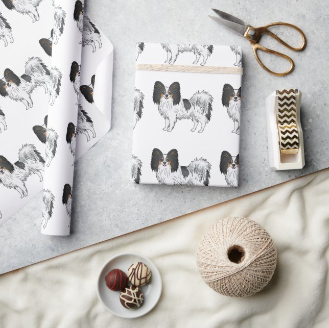 Papel De Presente Padrão de Cachorro Feliz e Fofo de Papillon Tricol (Artesanato)