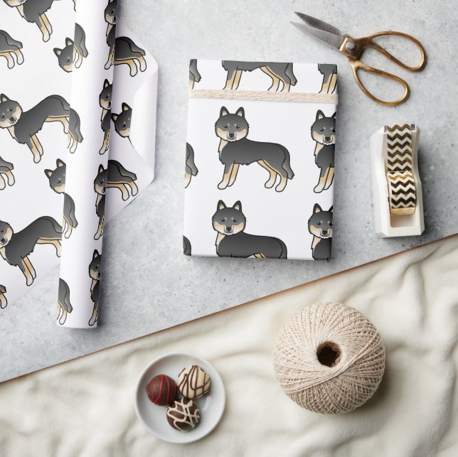 Papel De Presente Padrão de Cachorro Fofo de Husky Siberiano Preto e (Artesanato)
