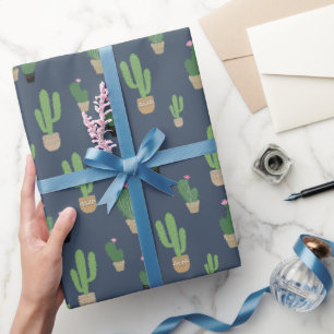 Papel De Presente Padrão de Cacto Verde Fofo em Azul