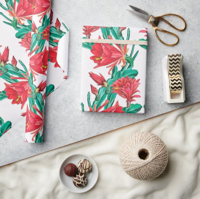 Papel De Presente Padrão de Cactus Vermelho Verde (Artesanato)
