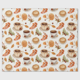 Papel De Presente Padrão de Café e Torta de Outono com Folhas em Ton