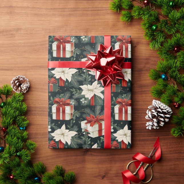 Papel De Presente Padrão de caixa de presente festiva - fitas vermel (Presente de Natal)