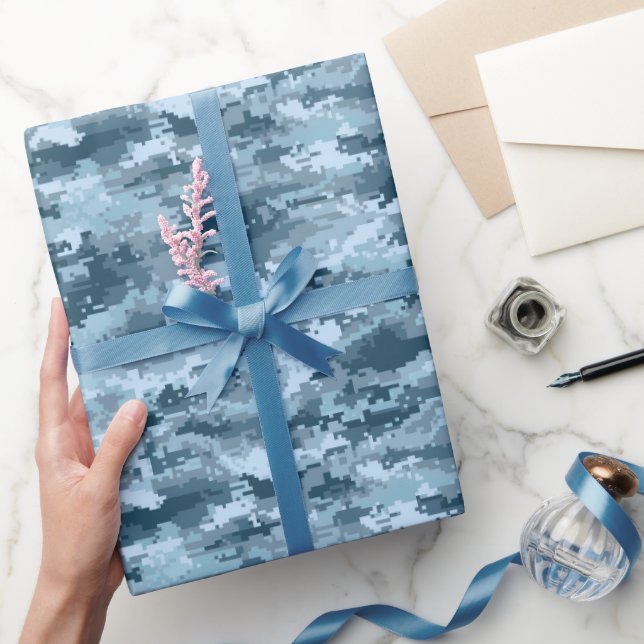 Papel De Presente Padrão de camuflagem pixelada militar azul (Presentear)