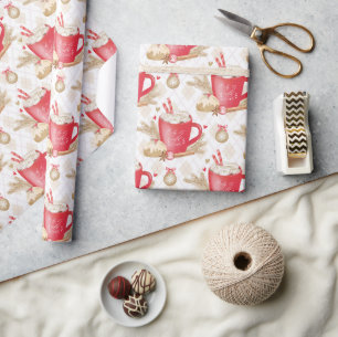 Papel De Presente Padrão de Caneca de Cacau Natal Vermelho