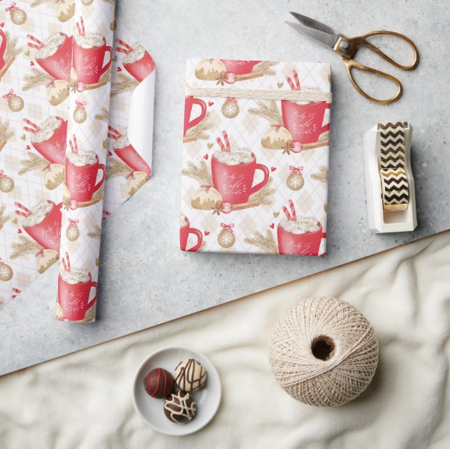 Papel De Presente Padrão de Caneca de Cacau Natal Vermelho (Artesanato)